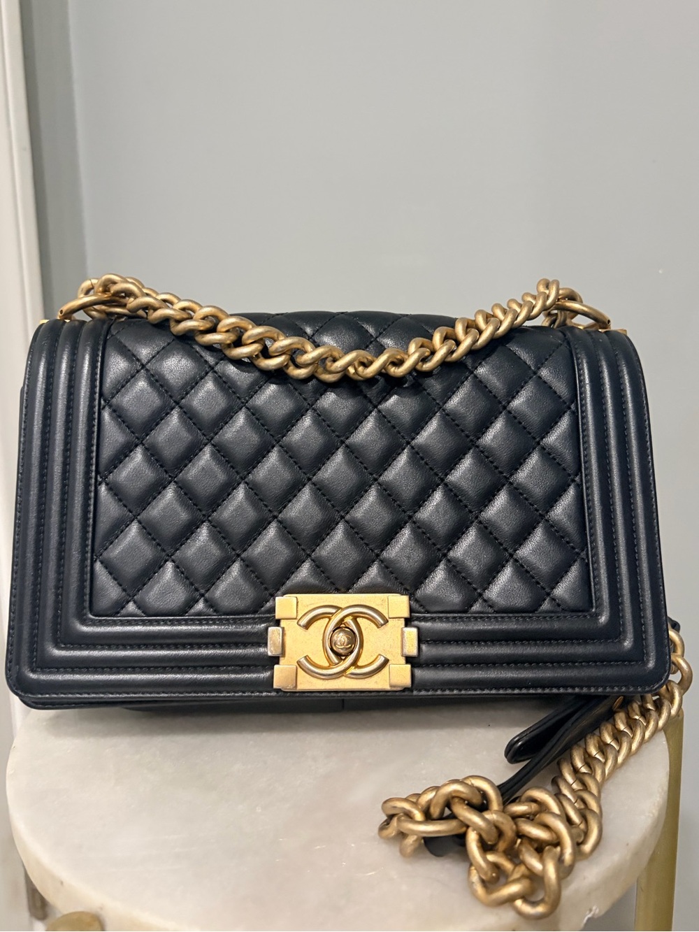CHANEL Black Quilted Leather Boy Bag with Gold Hardware